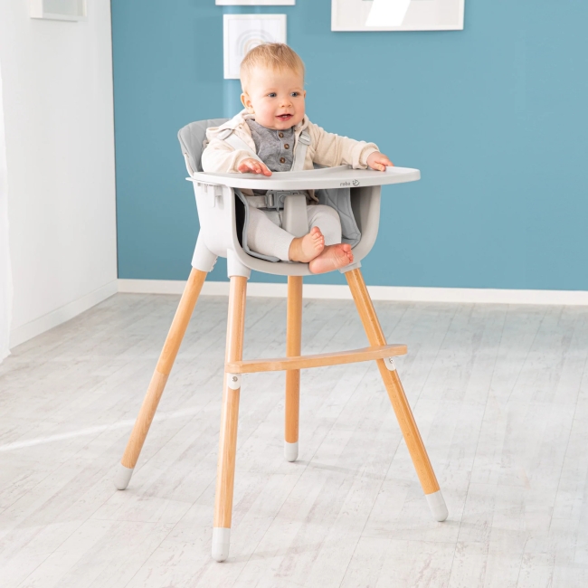 საბავშვო სკამ-მაგიდა სიმაღლის რეგულირებით, დარბილებით, და რეგულირებადი მაგიდით. 2 in 1 high chair & children's chair 'Style Up wood' incl. seat upholstery in grey